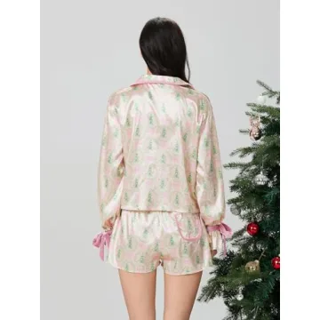 Cute Christmas Pajamas Set Women Bow Tie Satin Loungewear