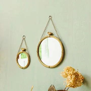 NIKKY HOME 11 Inch Decorative Small Hanging Mirrors Vintage Round Metal Framed Wall Mounted Mirror Decor with Bird for Bathroom Living Room Office, Rustic Gold