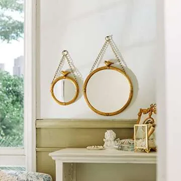NIKKY HOME 11 Inch Decorative Small Hanging Mirrors Vintage Round Metal Framed Wall Mounted Mirror Decor with Bird for Bathroom Living Room Office, Rustic Gold