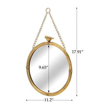 NIKKY HOME 11 Inch Decorative Small Hanging Mirrors Vintage Round Metal Framed Wall Mounted Mirror Decor with Bird for Bathroom Living Room Office, Rustic Gold