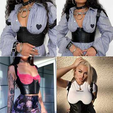 Women's PU Leather Bustier Crop Top Gothic Punk Buckle Tank Tops Camisole Corset for Club Party Festival Rave Outfit Black