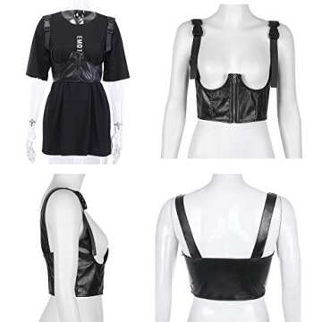 Women's PU Leather Bustier Crop Top Gothic Punk Buckle Tank Tops Camisole Corset for Club Party Festival Rave Outfit Black