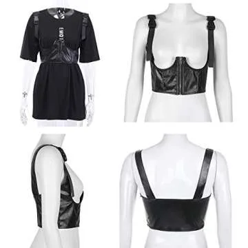 Women's PU Leather Bustier Crop Top Gothic Punk Buckle Tank Tops Camisole Corset for Club Party Festival Rave Outfit Black
