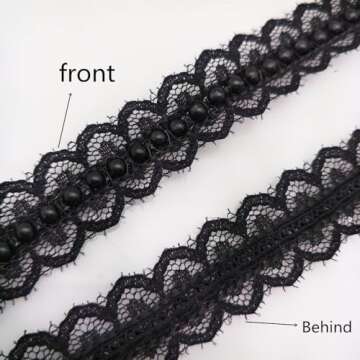 FQTANJU 5 Yard Black Pearl Beads Lace Trim Sewing Lace Ribbon Eyelet Fabric for Sewing Clothes Dress Embellishment,Gift Wrapping and Bridal Wedding Decorations