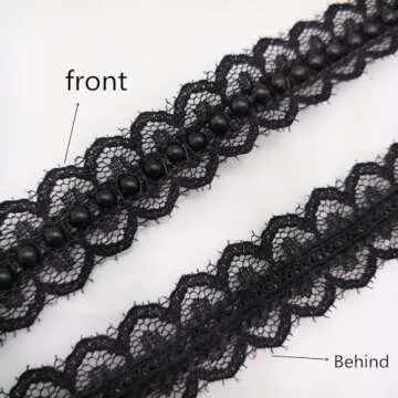FQTANJU 5 Yard Black Pearl Beads Lace Trim Sewing Lace Ribbon Eyelet Fabric for Sewing Clothes Dress Embellishment,Gift Wrapping and Bridal Wedding Decorations