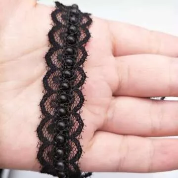 FQTANJU 5 Yard Black Pearl Beads Lace Trim Sewing Lace Ribbon Eyelet Fabric for Sewing Clothes Dress Embellishment,Gift Wrapping and Bridal Wedding Decorations