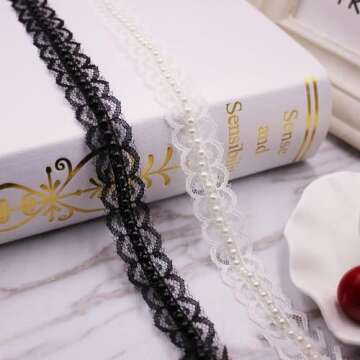 FQTANJU 5 Yard Black Pearl Beads Lace Trim Sewing Lace Ribbon Eyelet Fabric for Sewing Clothes Dress Embellishment,Gift Wrapping and Bridal Wedding Decorations