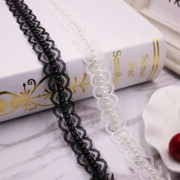 FQTANJU 5 Yard Black Pearl Beads Lace Trim Sewing Lace Ribbon Eyelet Fabric for Sewing Clothes Dress Embellishment,Gift Wrapping and Bridal Wedding Decorations