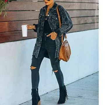 Hixiaohe Women's Casual Oversized Button Down Corduroy Shirt Jacket Coat Washed Retro Shacket (Black, XL)