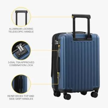 LEVEL8 Grace Carry On Luggage, 20 Inch Hardside Suitcase, Abs+Pc Harshell Spinner Luggage with Tsa Lock, Spinner Wheels, Blue, 20-Inch Carry-On