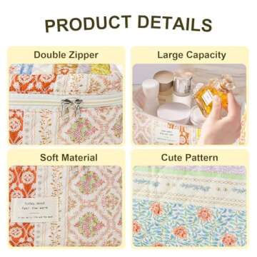 GISMTR 3Pcs Makeup Bag Cotton Quilted Travel Cosmetic Bag Cute Floral Makeup Pouch Large Toiletry Ba...