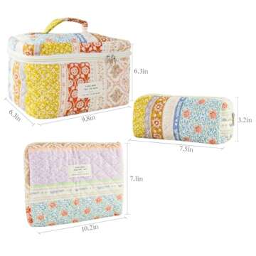 GISMTR 3Pcs Makeup Bag Cotton Quilted Travel Cosmetic Bag Cute Floral Makeup Pouch Large Toiletry Bag for Women Girls (Flower stitching)