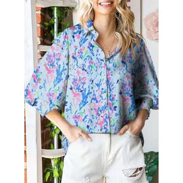 Astylish Oversized Boho Shirts for Women Spring Paisley V-Neck Lantern Long Sleeve Blouse Collar But...