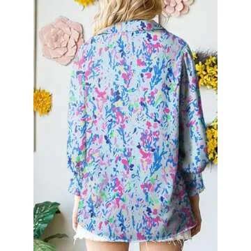 Astylish Oversized Boho Shirts for Women Spring Paisley V-Neck Lantern Long Sleeve Blouse Collar Button Down Tunic Tops Dressy Blue Small