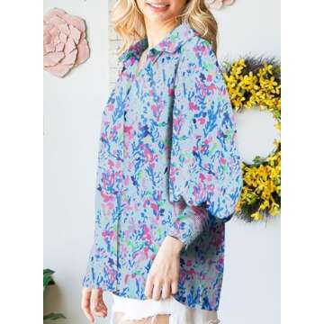 Astylish Oversized Boho Shirts for Women Spring Paisley V-Neck Lantern Long Sleeve Blouse Collar Button Down Tunic Tops Dressy Blue Small