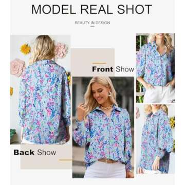 Astylish Oversized Boho Shirts for Women Spring Paisley V-Neck Lantern Long Sleeve Blouse Collar Button Down Tunic Tops Dressy Blue Small