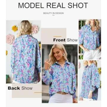 Astylish Oversized Boho Shirts for Women Spring Paisley V-Neck Lantern Long Sleeve Blouse Collar Button Down Tunic Tops Dressy Blue Small