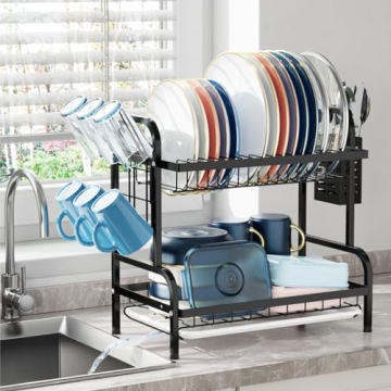 iSPECLE Dish Drying Rack - 2 Tier Dish Rack with Cup Holder, Dish Drainer with Automatic Drainage, D...