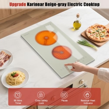 Karinear 2 Burners Electric Cooktop 110V - Stylish Beige-gray Design with Child Safety Features