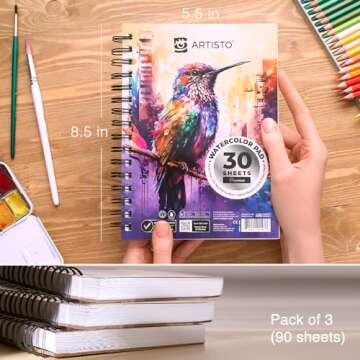 Artisto Watercolor Pads 5.5x8.5”, Pack of 3 (90 Sheets), Spiral Bound, Acid-Free Paper, 140lb (300...