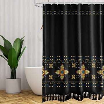 Turkish Pattern Tassel Shower Curtains for Bathroom, Black and Orange Bohemian Vintage Shower Curtain Set, with Hooks, 72 Inch Shower Curtain Decoration