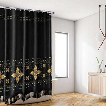 Turkish Pattern Tassel Shower Curtains for Bathroom, Black and Orange Bohemian Vintage Shower Curtain Set, with Hooks, 72 Inch Shower Curtain Decoration