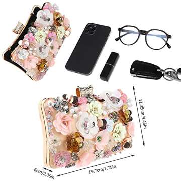 Womens Floral Clutch Purse,Girls Rose Nude Purse,3D Sequins Evening Handbag for Wedding Prom Banquet Party,Christmas Gifts for Ladies (pink)