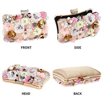 Womens Floral Clutch Purse,Girls Rose Nude Purse,3D Sequins Evening Handbag for Wedding Prom Banquet Party,Christmas Gifts for Ladies (pink)