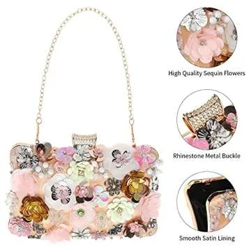 Womens Floral Clutch Purse,Girls Rose Nude Purse,3D Sequins Evening Handbag for Wedding Prom Banquet Party,Christmas Gifts for Ladies (pink)