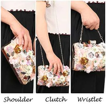 Womens Floral Clutch Purse,Girls Rose Nude Purse,3D Sequins Evening Handbag for Wedding Prom Banquet Party,Christmas Gifts for Ladies (pink)