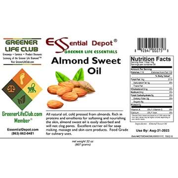 Essential Depot Almond Sweet Oil - 1 Quart - 32 oz - safety sealed HDPE container with resealable cap - 100% Pure and Natural for Hair, Skin, Massage and Cooking