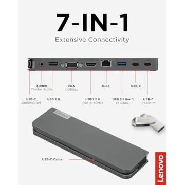 Lenovo USB-C Mini Dock, 7-in-1 Portable Dock with HDMI, VGA, USB-C, USB 3.1, USB 2, 3.5mm Audio, Ethernet, 45W Charging, Compatible with Lenovo, Apple & USB-C Laptops, G0A70065US