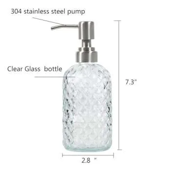 Bathroom & Kitchen Glass Hand and Dish Soap Dispenser with 304 Rustproof Stainless Steel Pump (Clear)