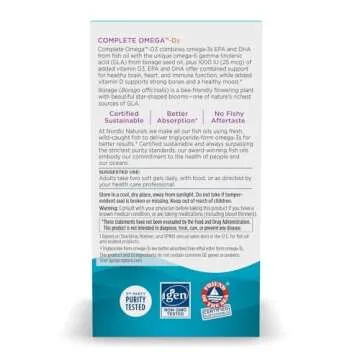 Nordic Naturals Complete Omega-D3, Lemon Flavor - 565 mg Omega-3 + 70 mg GLA + 1000 IU Vitamin D3-60 Soft Gels - EPA & DHA - Healthy Skin & Joints, Cognition, Positive Mood - Non-GMO - 30 Servings
