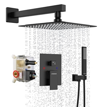 EMBATHER Black Shower System 12 Inches Shower Faucet Set with Square Rain Shower Head and Handheld F...