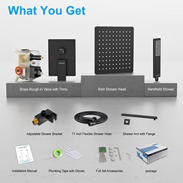 EMBATHER 12" Black Shower System with Rain Shower Head