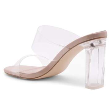 Shoe Land Brienna Women's Clear Heels Chunky Block Heeled Slides Open Toe Two Band Slip-On Mules – Dressy Heeled Sandals for Prom, Wedding, and Party, ClearNude, Size 8.5