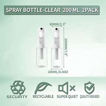 FIRUZA Continuous Spray Bottles For Hair,Ultra Fine Mist Sprayer(200ml/6.8oz 2Pack),Refillable Water Mister for Cleaning,Hairstyling, Plants, Misting & Skin Care Clear, HSBX1