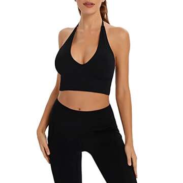 INIBUD Halter Bra for Women Longline Sports Bra Wireless Seamless Padded Backless Bralette with Adjustable Strap(S)