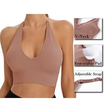 INIBUD Halter Bra for Women Longline Sports Bra Wireless Seamless Padded Backless Bralette with Adjustable Strap(S)