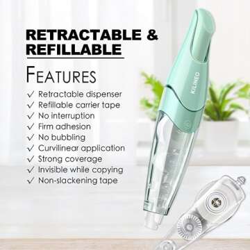 KILINEO Refillable Retractable White Correction Tape, Pen Shaped Japanese Aesthetic Cute White Smoot...