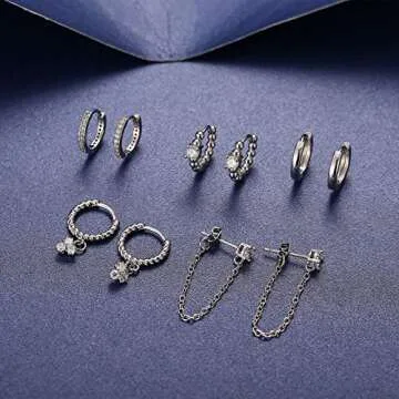 5 Pairs Gold Silver Huggies Hoop Earrings Set for Women, Small Dangle Chain Hoop Earrings Jewelry
