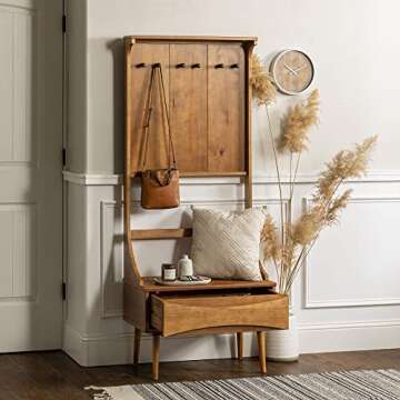 Walker Edison 1 Shelf Skinny Entryway Bench Hall Tree Coat Rack Shoe Storage Shelf Mudroom Hallway Organizer, 68 Inch, Caramel