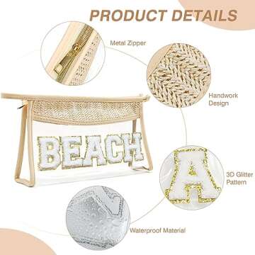 Boho Hand-woven Makeup Bag, Chenille Letter Patch Clear Travel Pouch, Rattan Straw Bag Clear Cosmetic Sunscreen Bags, Women Summer Retro Travel Beach Bag Beach Essentials (Boho_Beige-Beach)