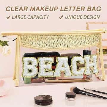 Boho Hand-woven Makeup Bag, Chenille Letter Patch Clear Travel Pouch, Rattan Straw Bag Clear Cosmetic Sunscreen Bags, Women Summer Retro Travel Beach Bag Beach Essentials (Boho_Beige-Beach)