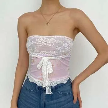Women Sexy Lace Cami Crop Top Y2k Strapless Tube Top Sleeveless Backless Off Shoulder Corset Top Camisole Vintage Streetwear(A3-Pink,S)