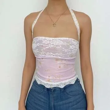 Women Sexy Lace Cami Crop Top Y2k Strapless Tube Top Sleeveless Backless Off Shoulder Corset Top Camisole Vintage Streetwear(A3-Pink,S)
