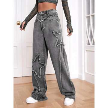 Kedera Women's Wide Leg Denim Pants Teen Star Raw Edge Baggy Trousers High Waisted Boyfriend Y2K Jea...