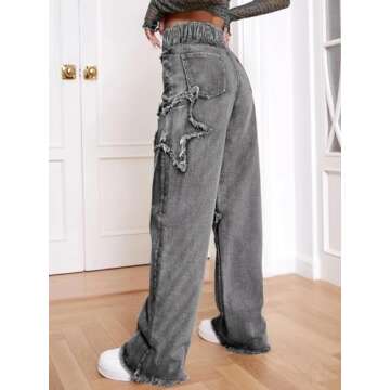 Kedera Women's Wide Leg Denim Pants Teen Star Raw Edge Baggy Trousers High Waisted Boyfriend Y2K Jeans Girls Fashion Grey