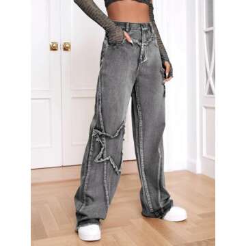 Kedera Women's Wide Leg Denim Pants Teen Star Raw Edge Baggy Trousers High Waisted Boyfriend Y2K Jeans Girls Fashion Grey